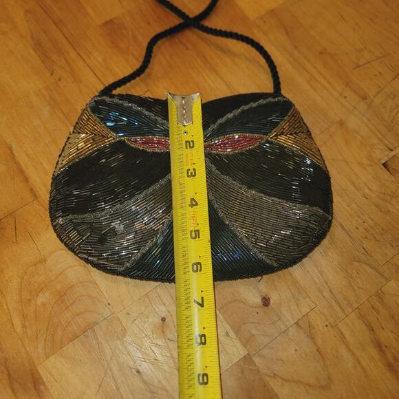 Vintage bugle glass beads 80s purse shoulder EVENING bag black gold silver blue - Picture 6 of 7